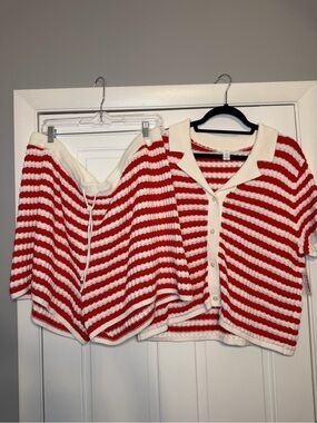 Old Navy Red and White Striped Knit Cardigan & Shorts Set